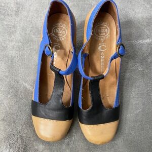 Jeffrey Campbell Ibiza Darnell Wedge T Strap Heels Blue Black Tan Womens 8.5